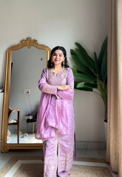 Premium Roman Silk Embroidery Suit Set With Dupatta