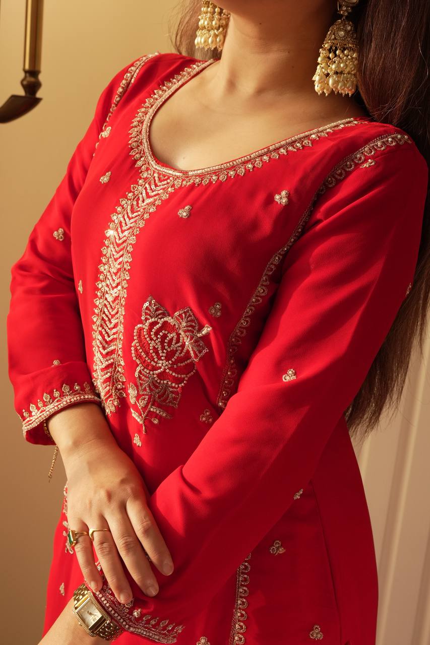 Festive Red Fox Georgette Designer Suit Set with Pearl Accent Dupatta