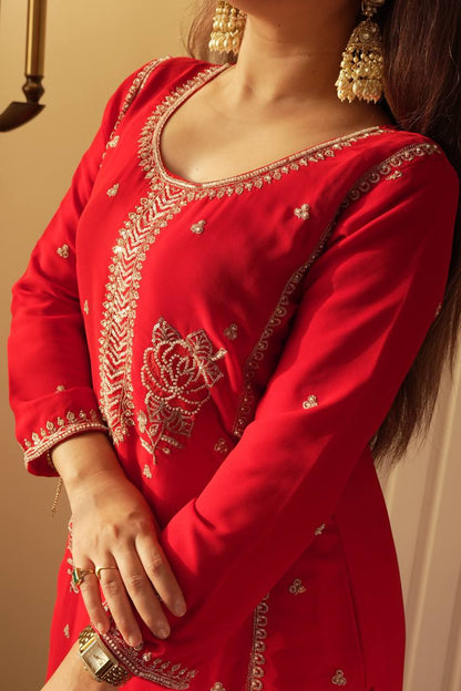 Festive Red Fox Georgette Designer Suit Set with Pearl Accent Dupatta
