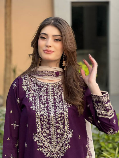 Elegant Royal Purple Faux Georgette Sequence Embroidery Salwar Suit Set