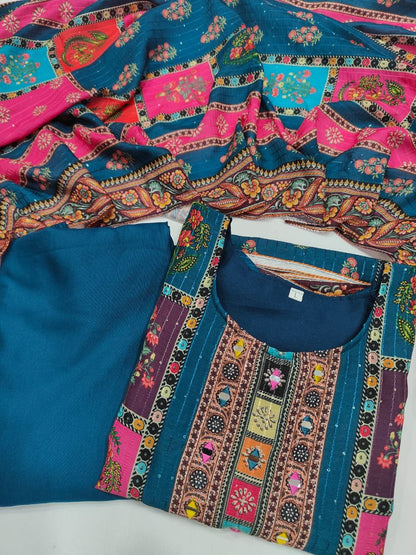 Premium Royal Multi Printed Muslin Suit Set with Embroidered Yoke