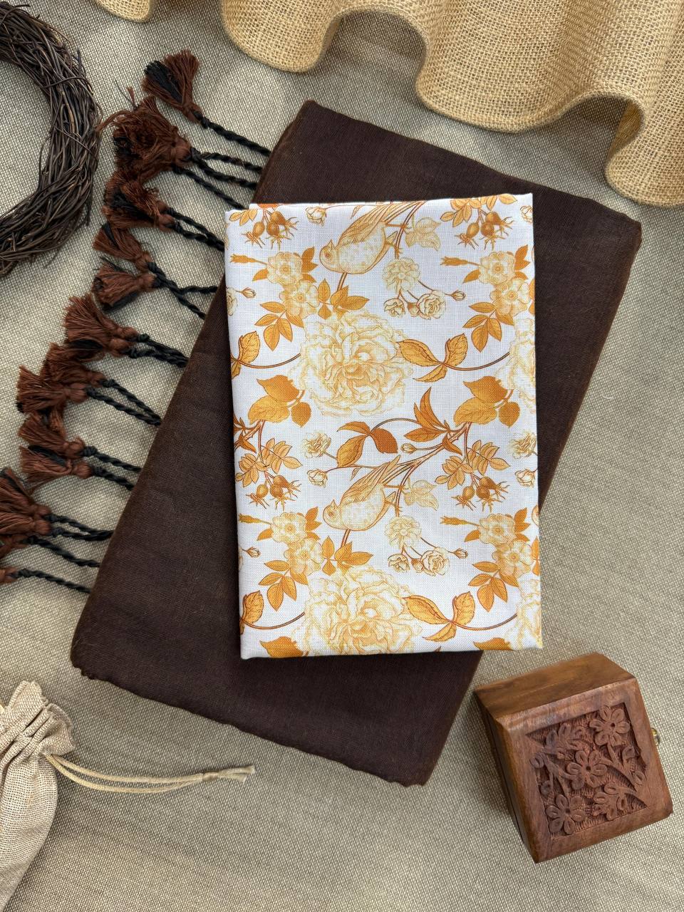 MAGIC - BROWN HANDLOOM COTTON SAREE WITH PRINTED BLOUSE