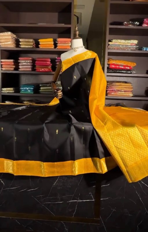 Elegant Black and Golden-Yellow Kanjivaram Style Silk Festive Saree