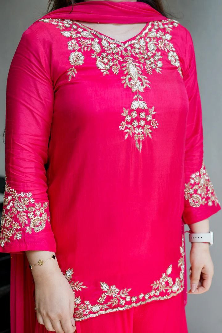 Premium Pure Mul Chanderi Handwork Suit Set – Top, Palazzo & Chiffon Dupatta