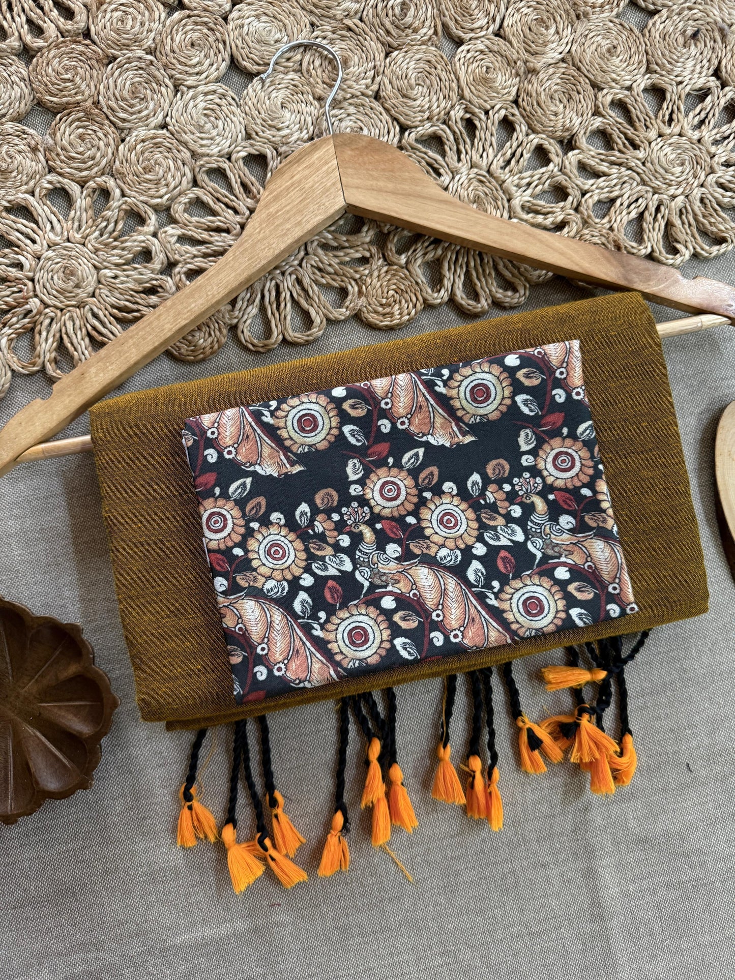 Dharma Exclusive - Mustered Handloom Cotton Saree With Traditional Printed Blouse