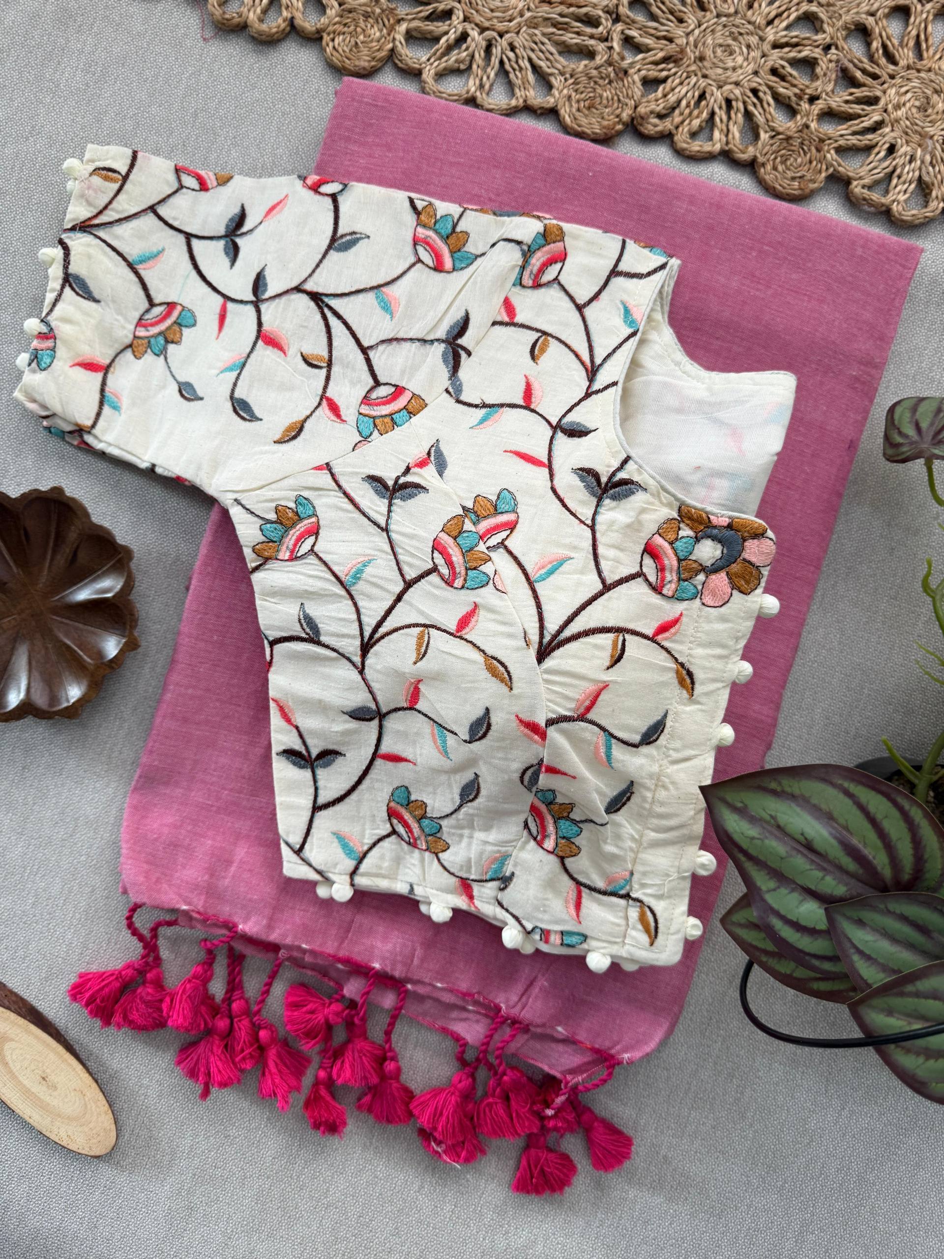 Baby Pink Handloom Cotton Saree With Havy Embroidery Stitched Blouse