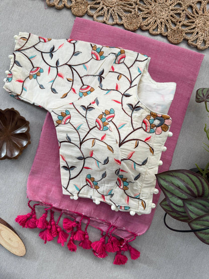 Baby Pink Handloom Cotton Saree With Havy Embroidery Stitched Blouse