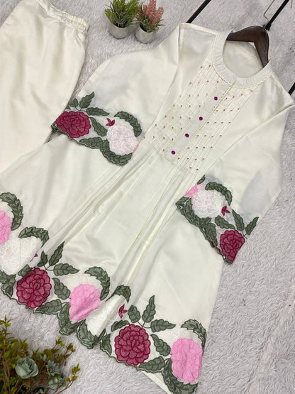 Premium Roman Silk Floral Embroidered Co-ord Suit Set