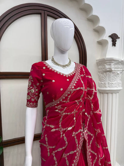 Very Attractive Magenta Thread Work Fendy Silk Saree