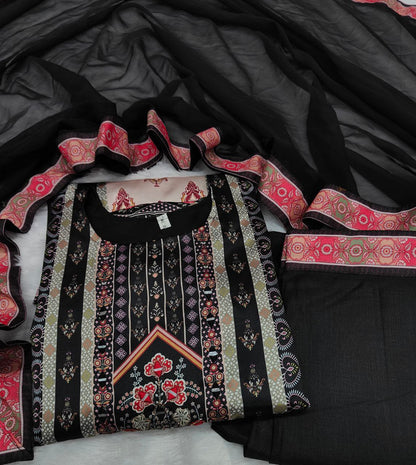 Elegant Black & Beige Printed Model Satin Suit Set with Fancy Mirror Work