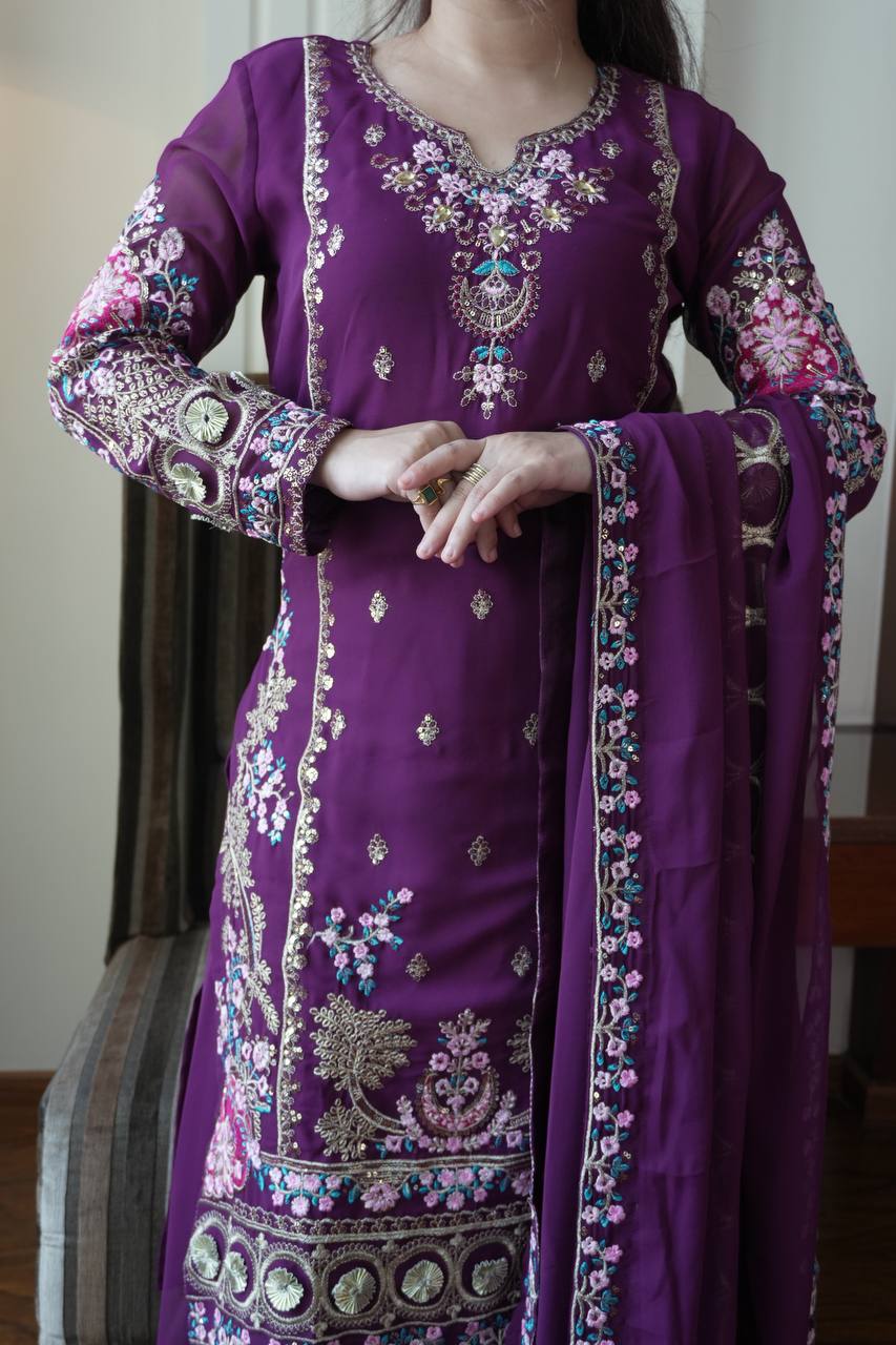 Elegant Wine Fox Georgette Designer Suit Set with Embroidered Dupatta