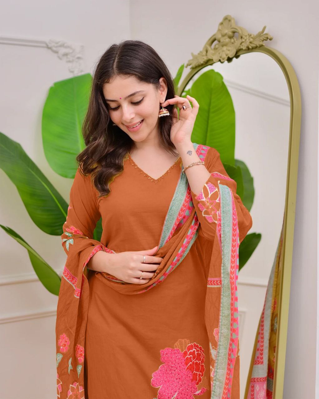 Designer Brown Soft Muslin Salwar Suit with Big Digital Floral Applique Print