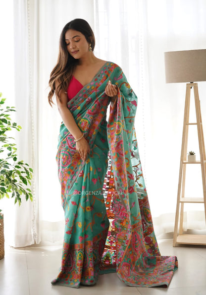 Women's Designer Pure Soft Kashmiri Pasmina Kachi Work Saree