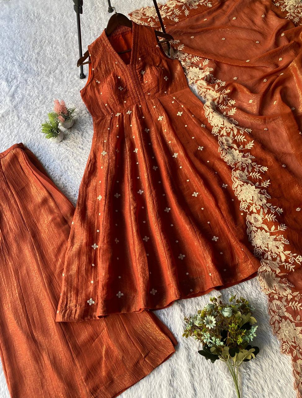 Elegant Brown Crunchy Silk Embroidered Anarkali Suit Set With Dupatta