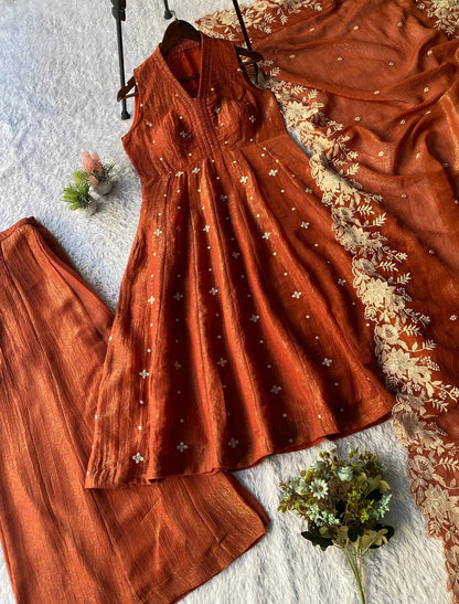 Elegant Brown Crunchy Silk Embroidered Anarkali Suit Set With Dupatta