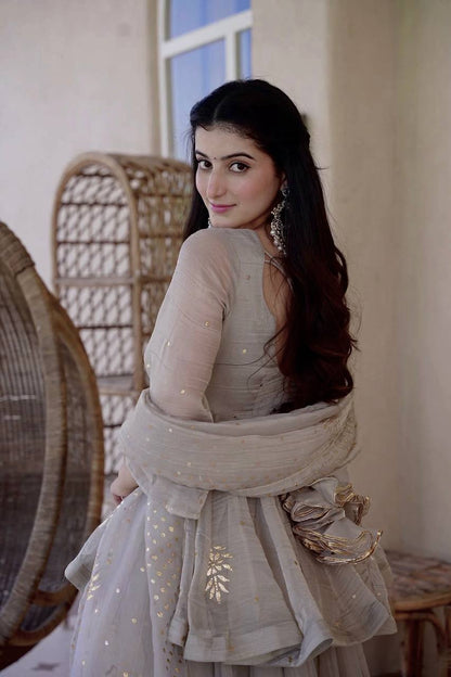 Very Attractive Grey Tabby Silk Sharara Suit with Foil Work