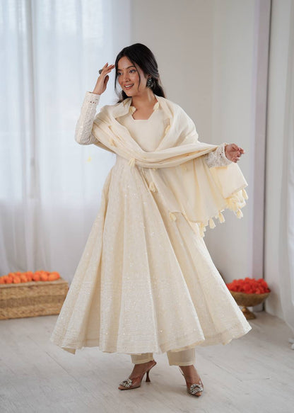 Elegant Off-White Pure Kora Cotton Anarkali Suit Set