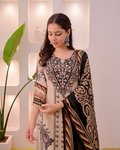 Dazzling Beige & Black Printed Pure Muslin Suit Set with Real Mirror Work