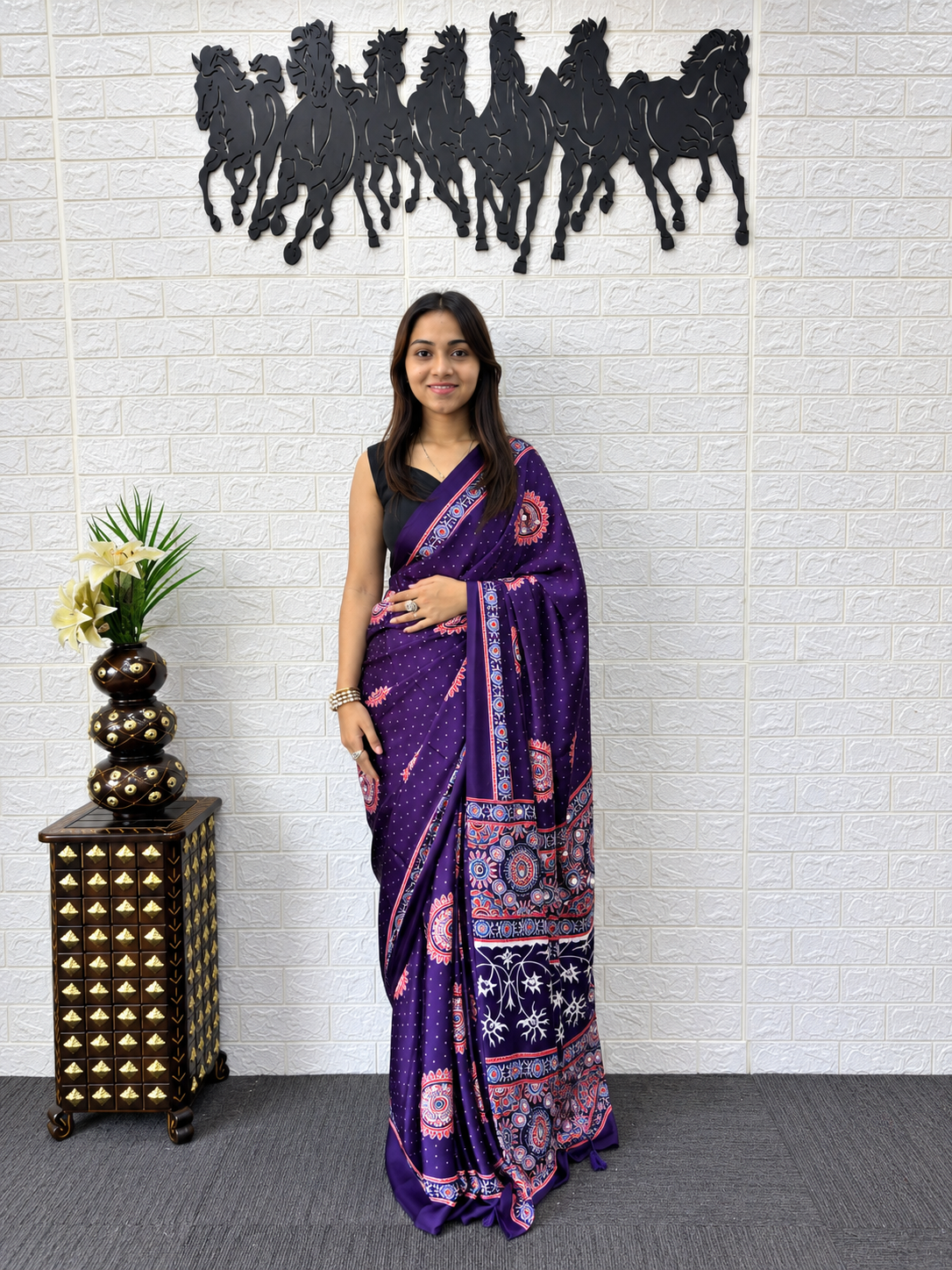 Premium Royal Purple Ajrakh Printed Japan Silk Saree