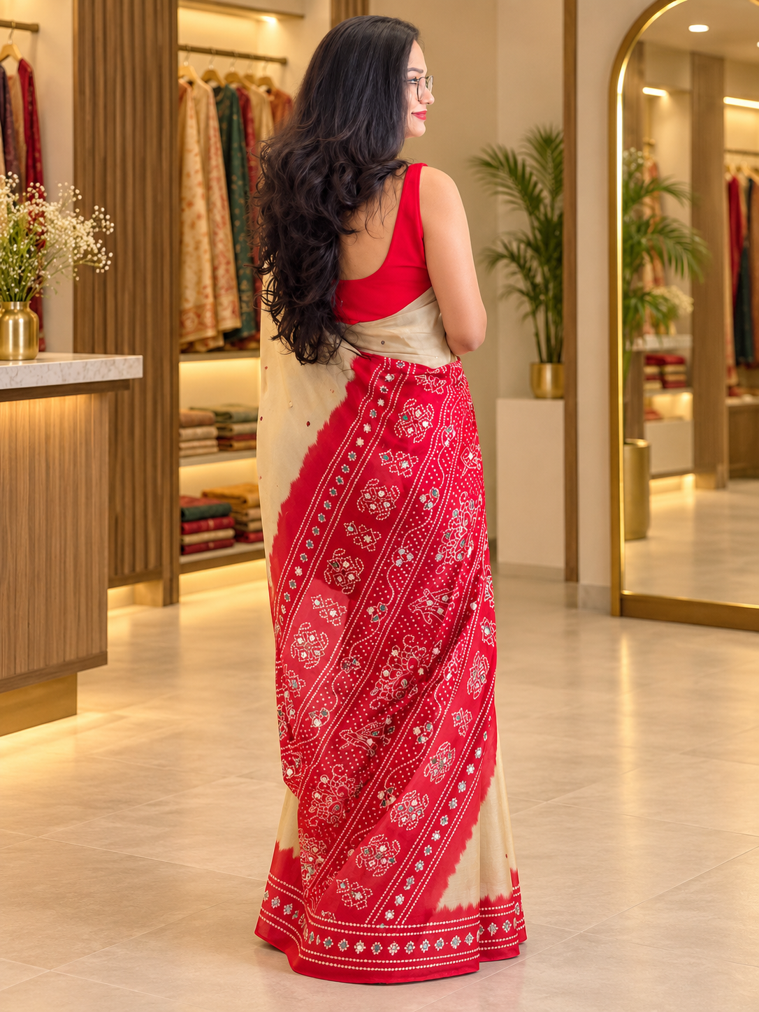 Traditional Beige & Red Pure Gajji Silk Saree with Real Mirror Work