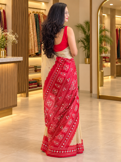 Traditional Beige & Red Pure Gajji Silk Saree with Real Mirror Work