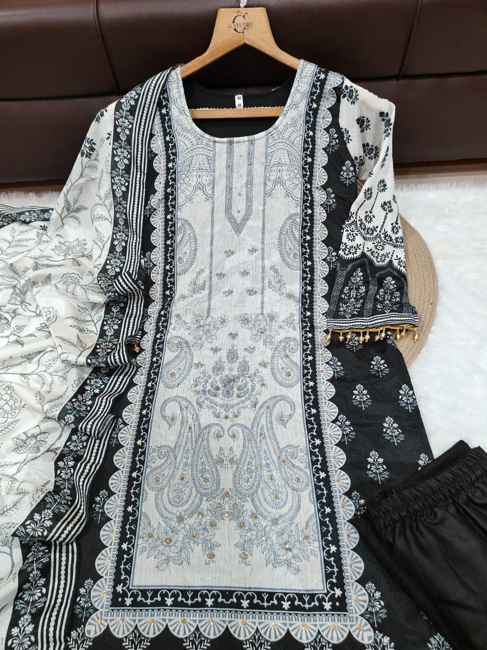 Premium Black and White Chinon Silk Salwar Suit with Premium Diamond Hand Work