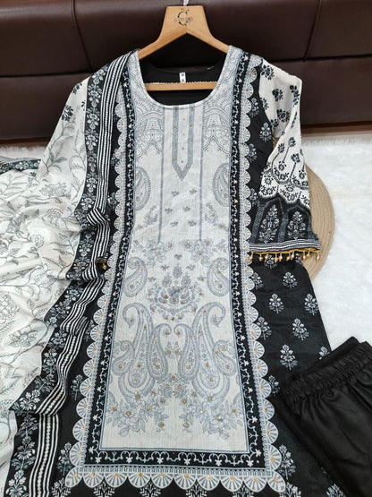 Premium Black and White Chinon Silk Salwar Suit with Premium Diamond Hand Work