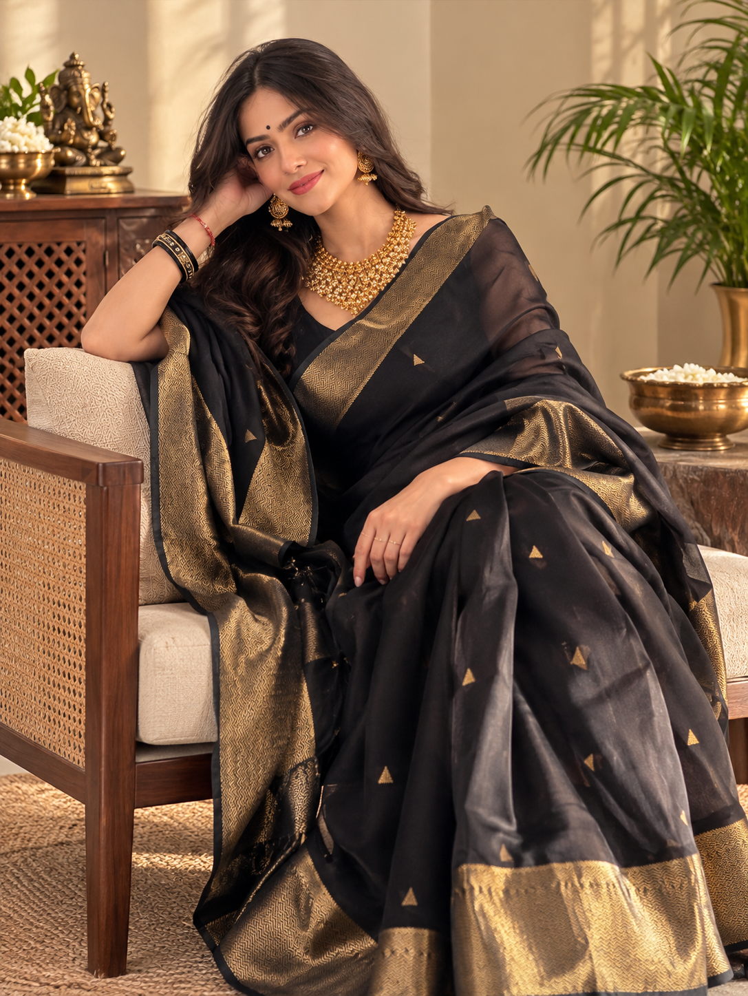 Premium Black Linen Silk Saree with Antique Gold Zari Border