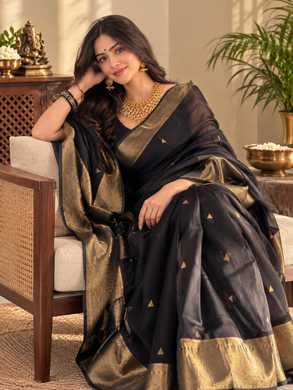 Premium Black Linen Silk Saree with Antique Gold Zari Border