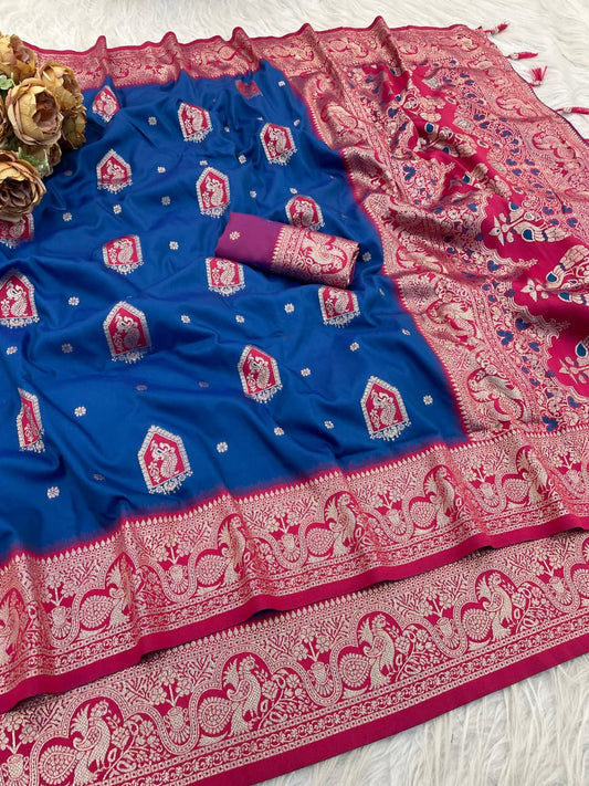Classic Royal Blue Silk Saree with Pink Contrast Border