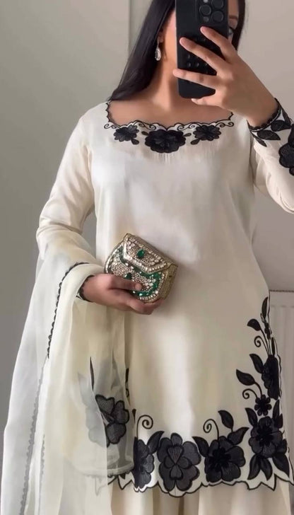 Elegant Cream Fendy Silk Embroidery Suit Set