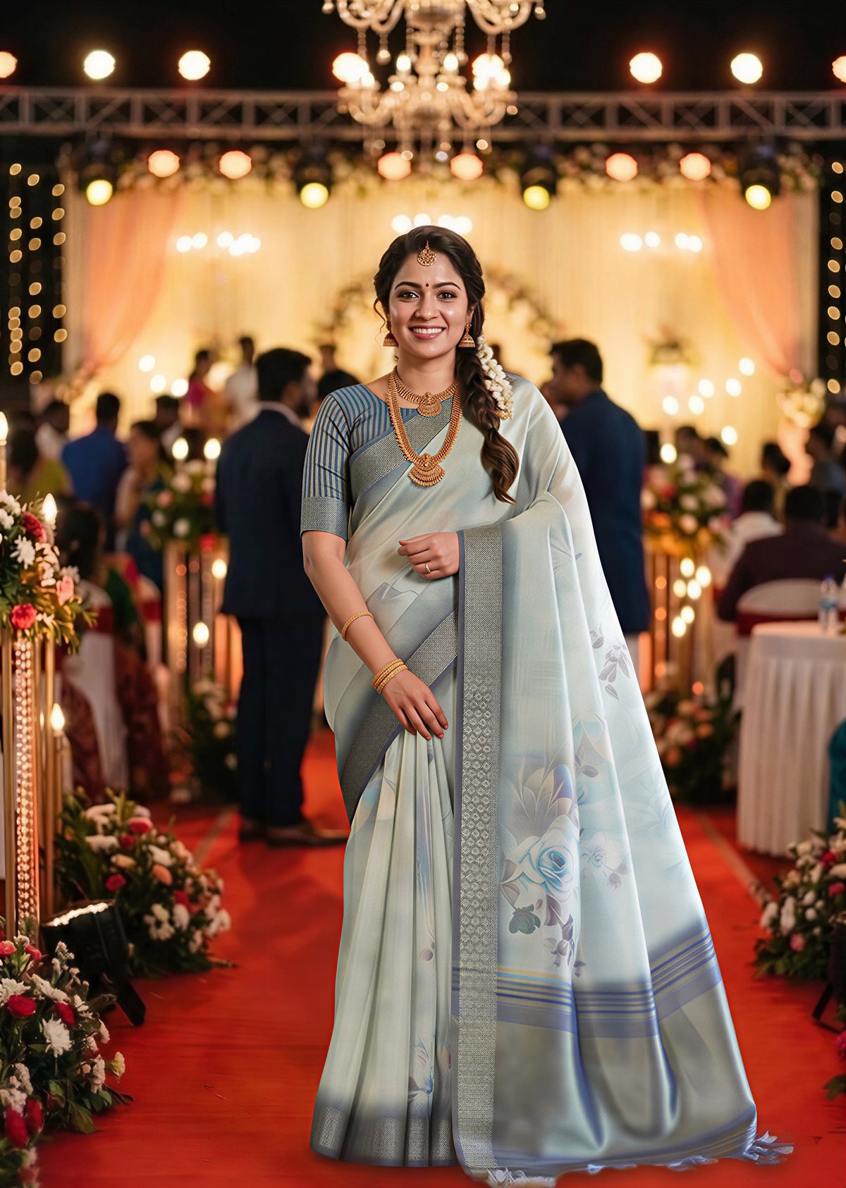 Premium Gray Soft Tissue Silk Saree with Floral Digital Prints
