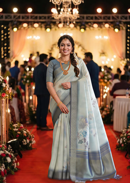 Premium Gray Soft Tissue Silk Saree with Floral Digital Prints