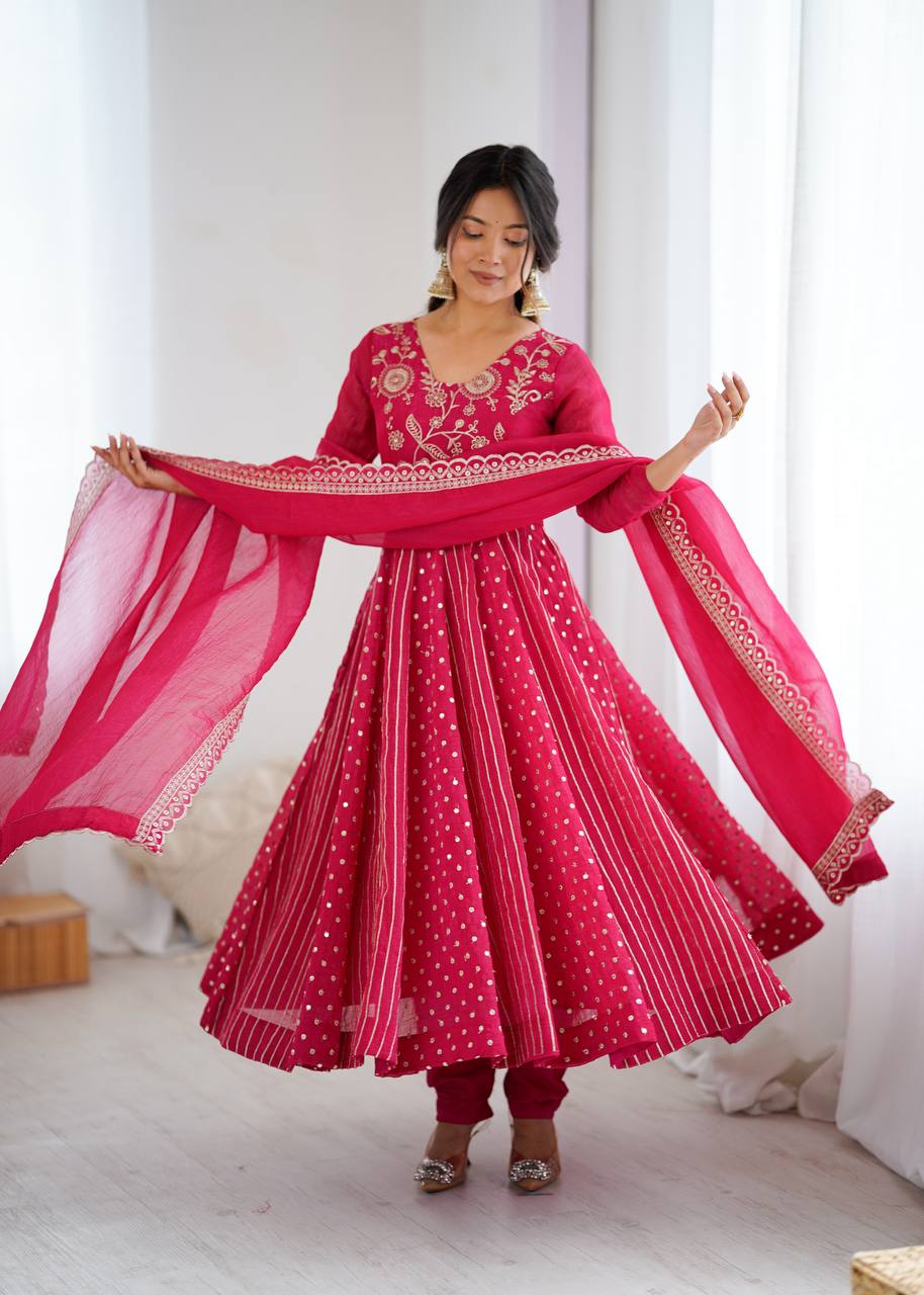 Vibrant Rani Pink Crunchy Silk Anarkali Suit Set with Floral Embroidery