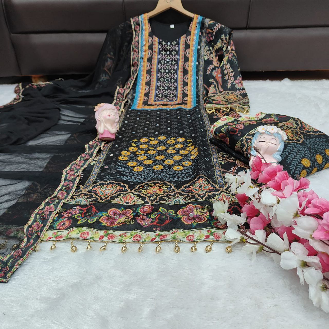 Royal Black Heavy Muslin Digital Printed Suit Set with Delicate Lace Work
