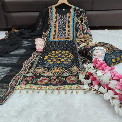 Royal Black Heavy Muslin Digital Printed Suit Set with Delicate Lace Work