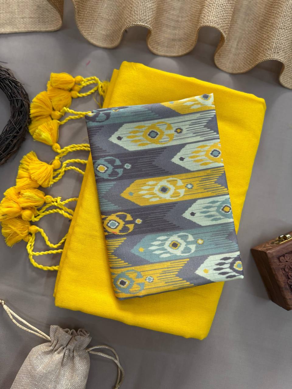 Handwoven Yellow Khadi Cotton Saree with Tassels & Multicolor Ikat Digital Print Blouse