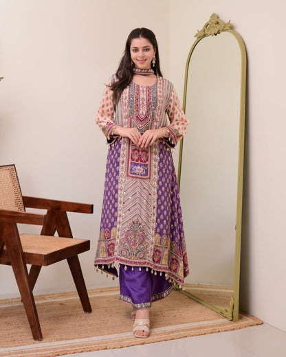 Attractive Violet Patchwork Printed Chinon Suit Set with Fancy Mirror Work