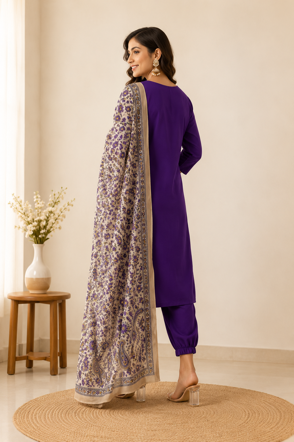 Premium Roman Silk Embroidered Suit Set with Kalamkari Dupatta