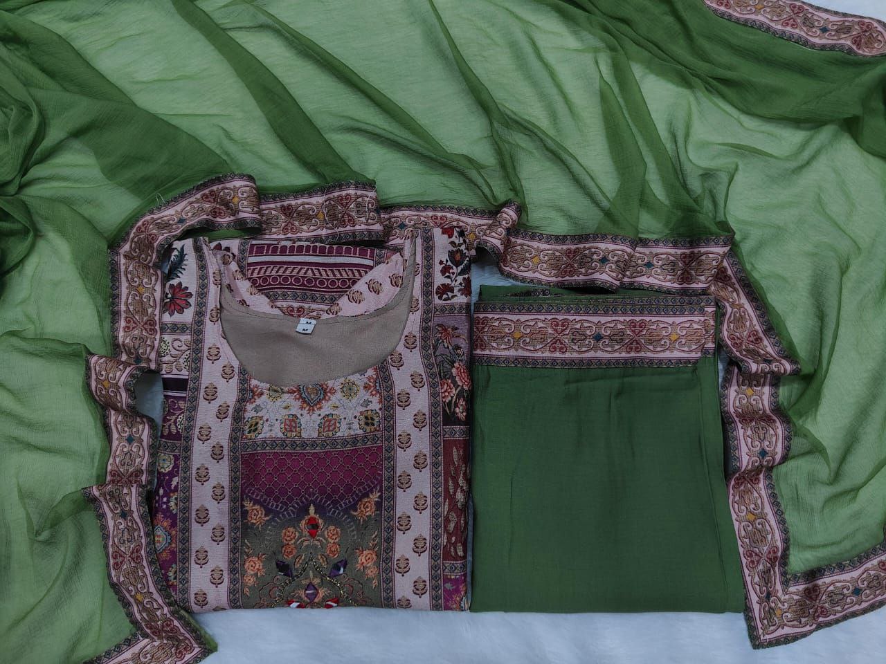 Festive Olive Green Patchwork Printed Chinon Suit Set with Fancy Mirror Work