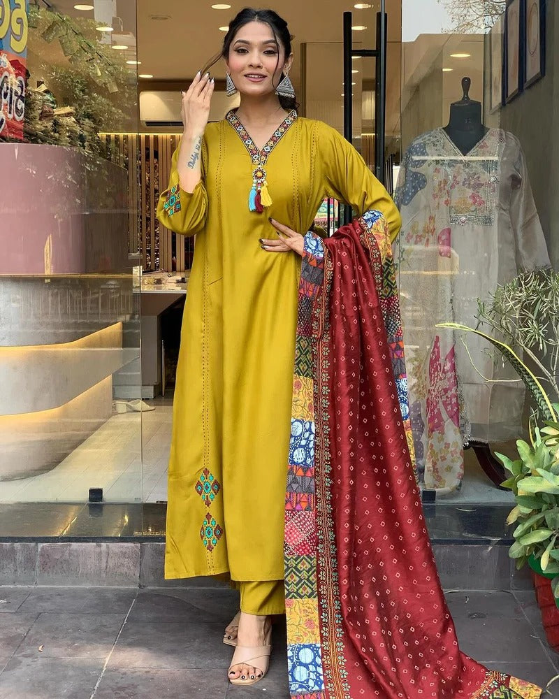 TREMENDOUS YELLOW BEAUTIFUL VISCOSE CHANDERI SUIT SET