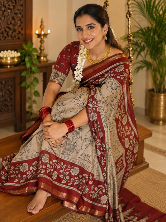 The Anushka Inspired Kalamkari Print Cotton Silk Saree