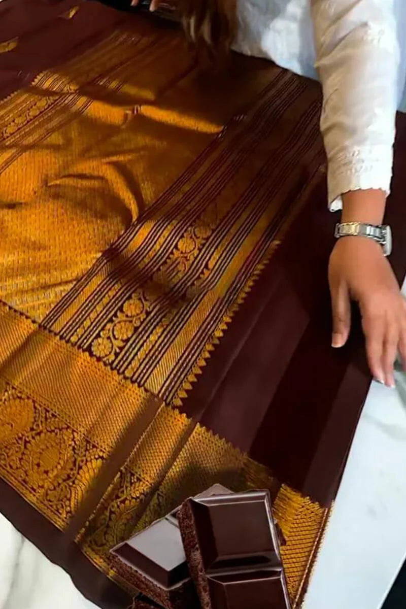Luxurious Chocolate Brown Soft Silk Saree with Rich Gold Zari Weaving