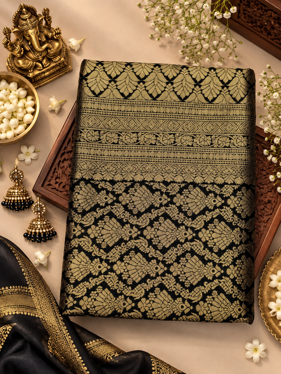 Very Attractive Black & Gold Woven Jacquard Soft Banarasi Silk Saree