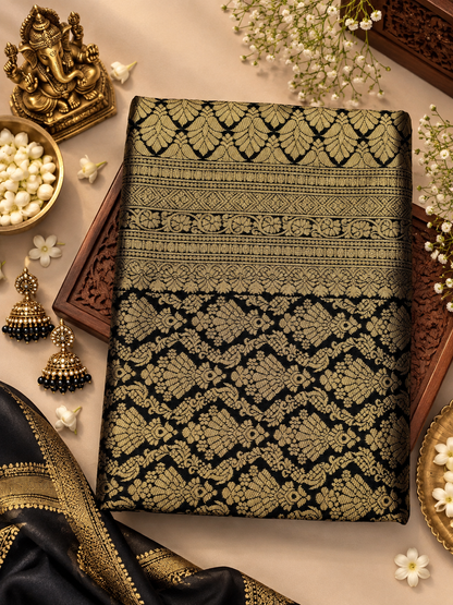 Very Attractive Black & Gold Woven Jacquard Soft Banarasi Silk Saree