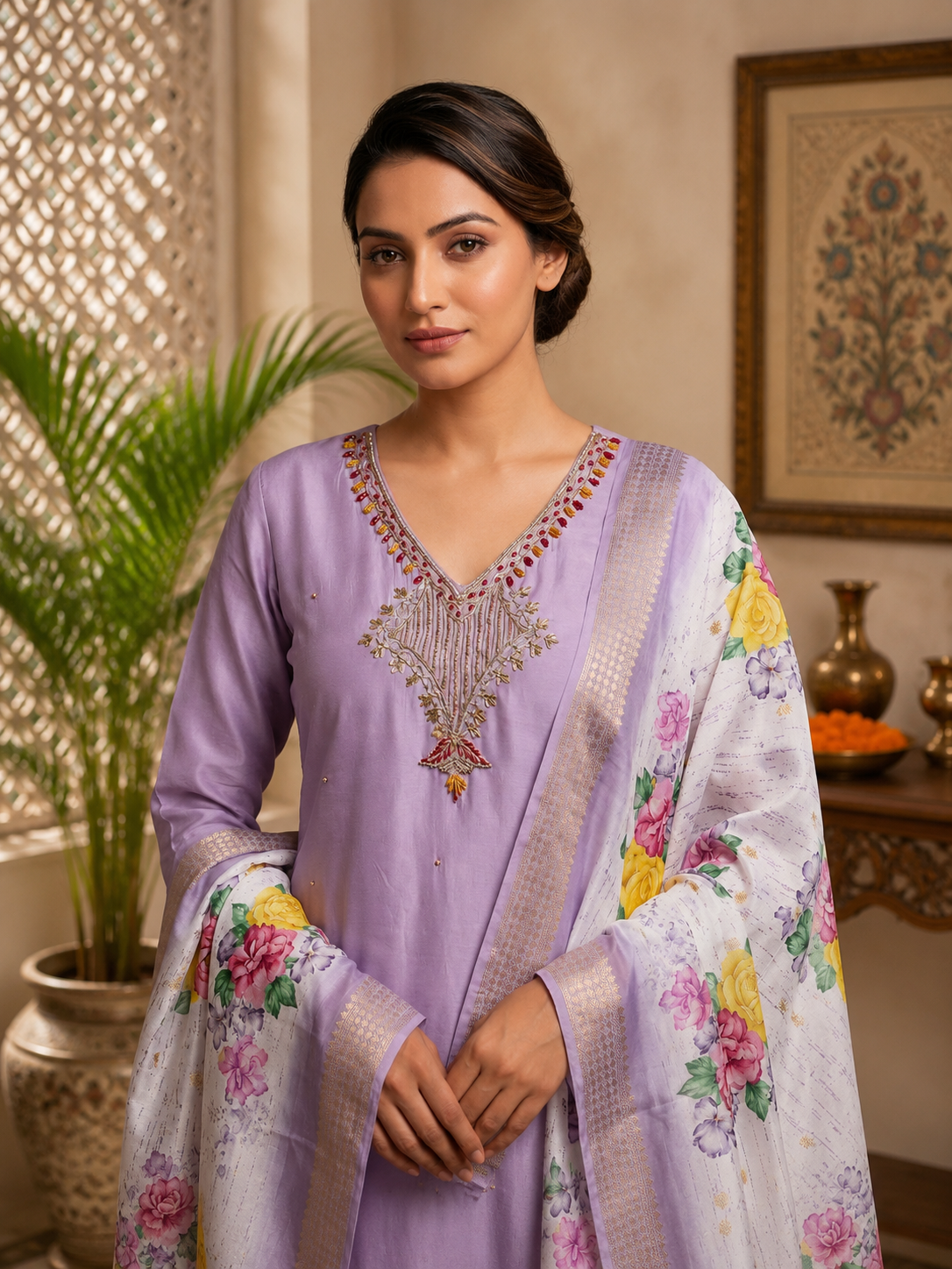 Elegant Lavender Premium Mul Chanderi Hand-Work Suit Set with Floral Dupatta