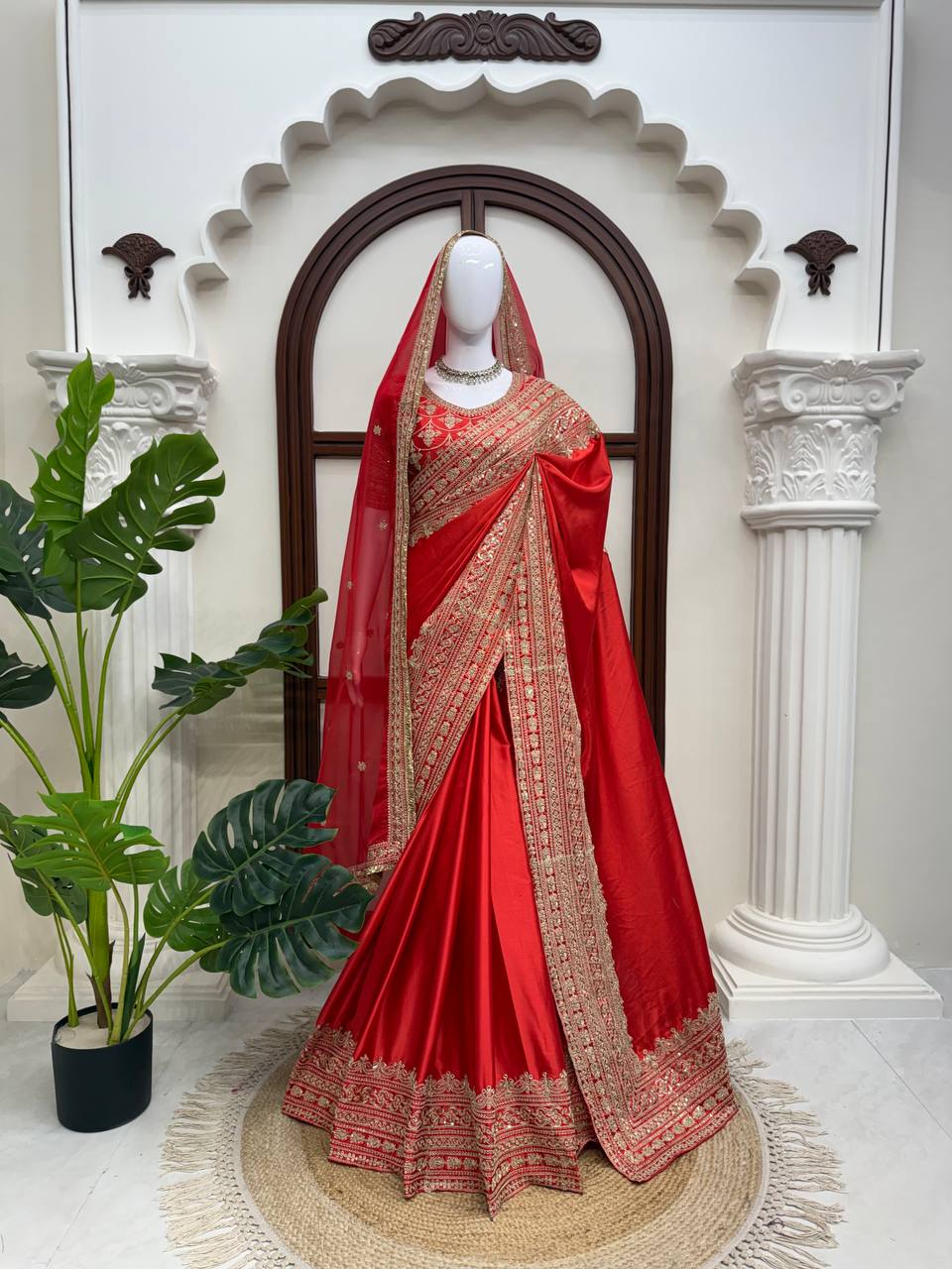 Premium Elegant Red Japan Satin Thread Work Saree