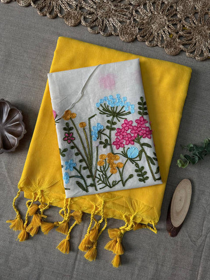 Yellow Handloom Cotton Saree With Havy Embroidery Blouse
