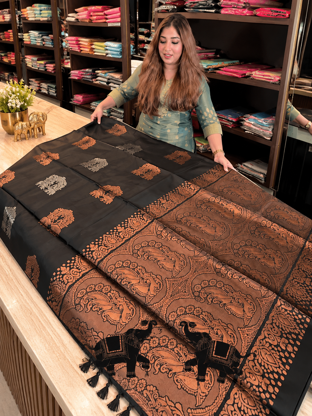 Adorning Black Soft Banarasi Silk Saree with Elegant Copper Border