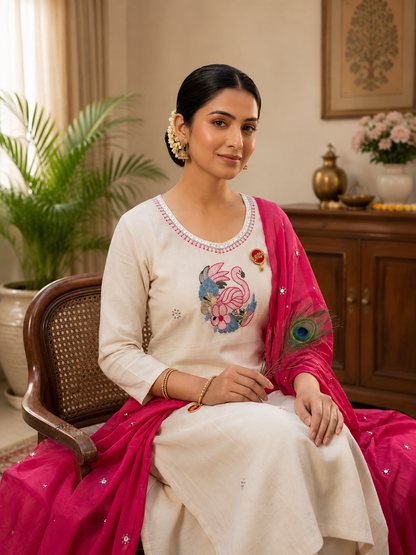 Elegant Off-White Pure Khadi Cotton Embroidered Suit Set with Rani Pink Dupatta
